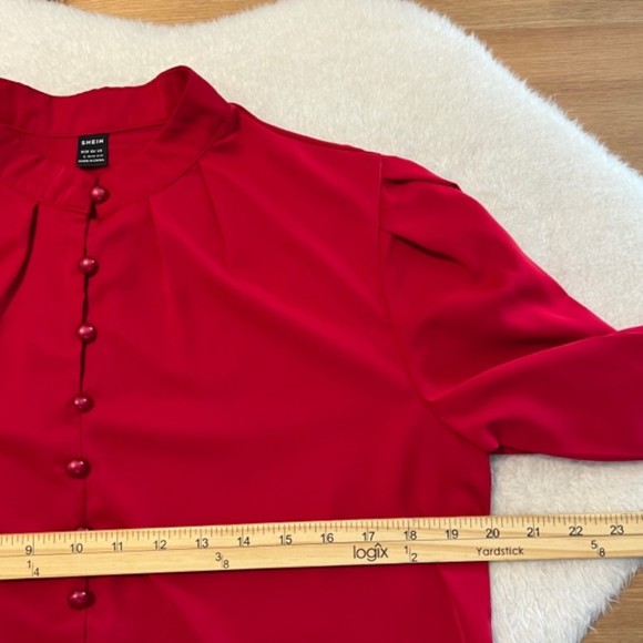 SHEIN Womens Red Bishop Sleeve Button Mock Neck LS Top Balloon Sleeve Size Large - Picture 9 of 11